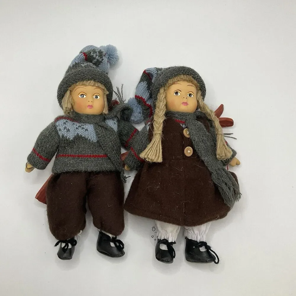 BVintage Norwegian Pair Porcelain Beanbag Boy & Girl Dolls Skiing Winter 12